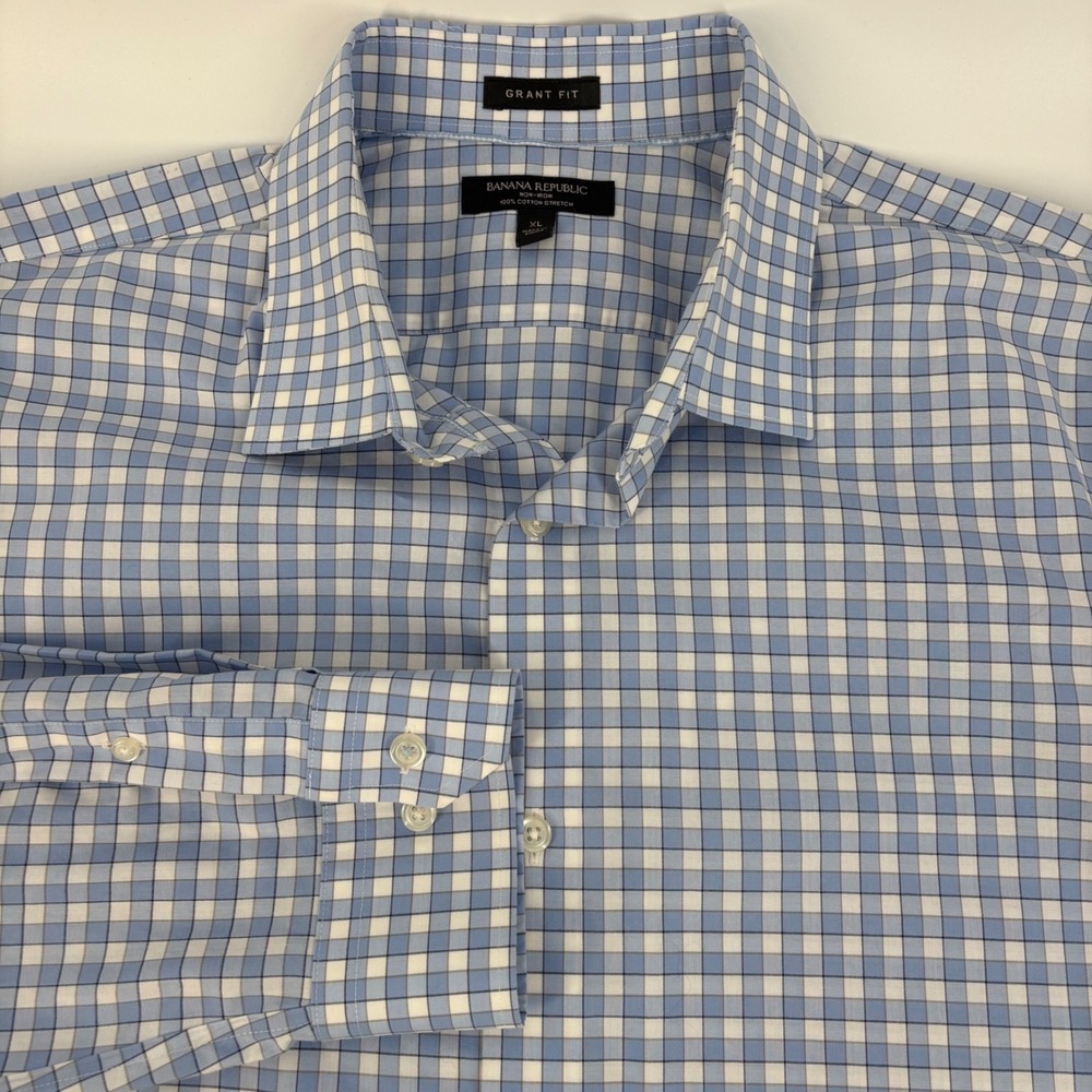 Banana Republic Button Down Shirt Mens XL Blue Gingham Grant Fit Non-Iron Cotton